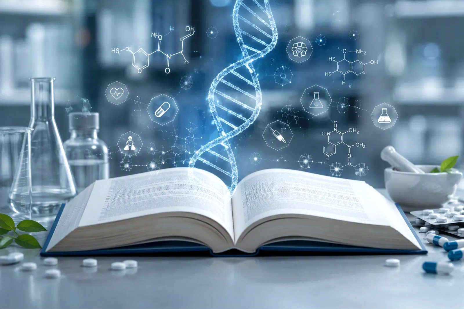 Aufgeschlagenes Fachbuch mit Molekül- und Wirkstoffdarstellungen