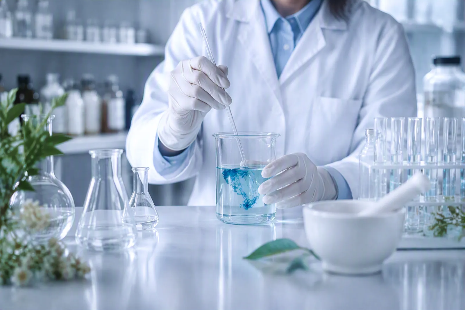 Arbeit an einer Lösung im Syntheselabor